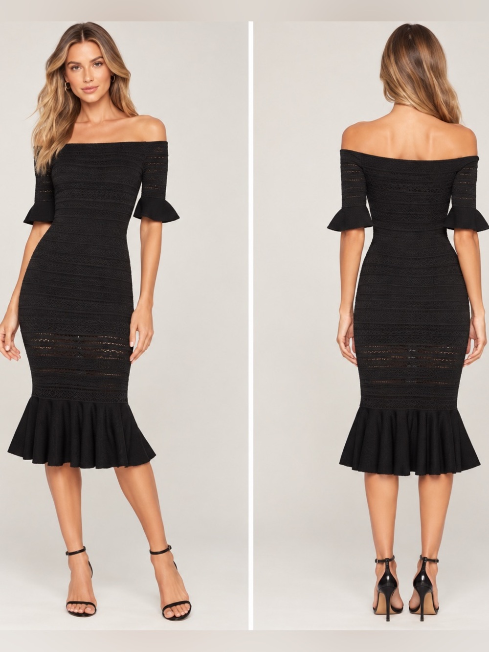 Alexis Sheira Black Off Shoulder Knit Midi Dress Size S Ruffle Mermaid Hem